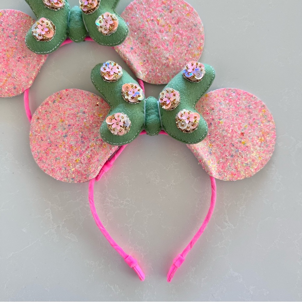 Green & pink crushed Mouse Ears Headband